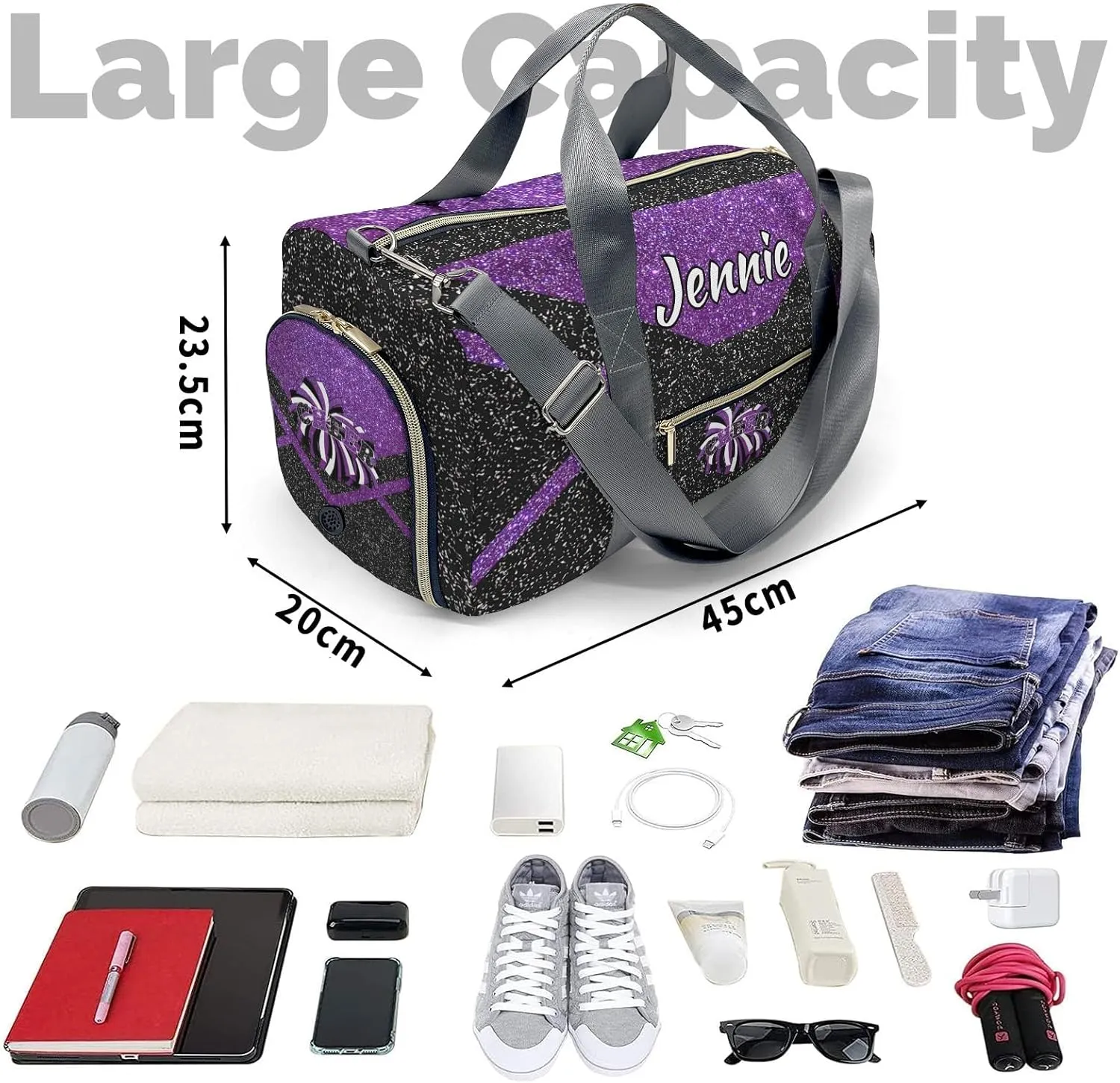 Cheerleaders Sports Gym Duffel Bag Overnight Bag Duffle Bag Teens Gymnastics Bag Sleepover Bag with Shoe Compartment,Deep Purple