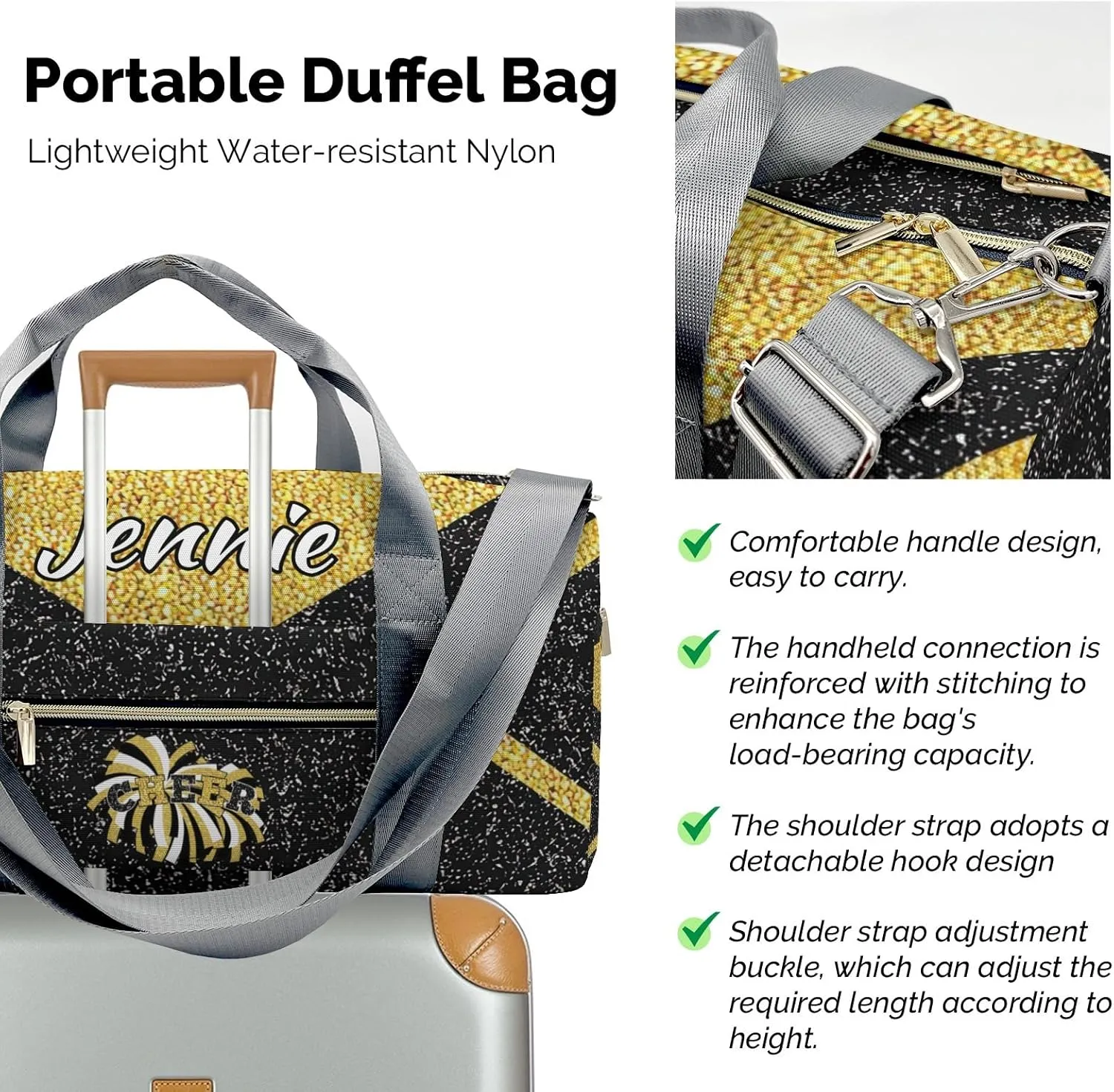 Cheerleaders Sports Gym Duffel Bag Overnight Bag Duffle Bag Teens Gymnastics Bag Sleepover Bag with Shoe Compartment,Golden