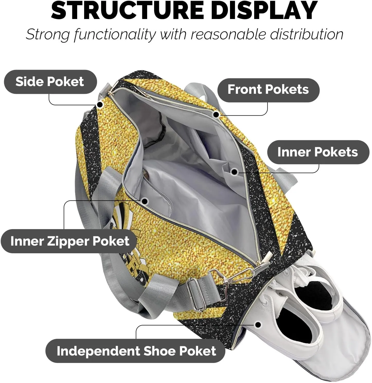 Cheerleaders Sports Gym Duffel Bag Overnight Bag Duffle Bag Teens Gymnastics Bag Sleepover Bag with Shoe Compartment,Golden