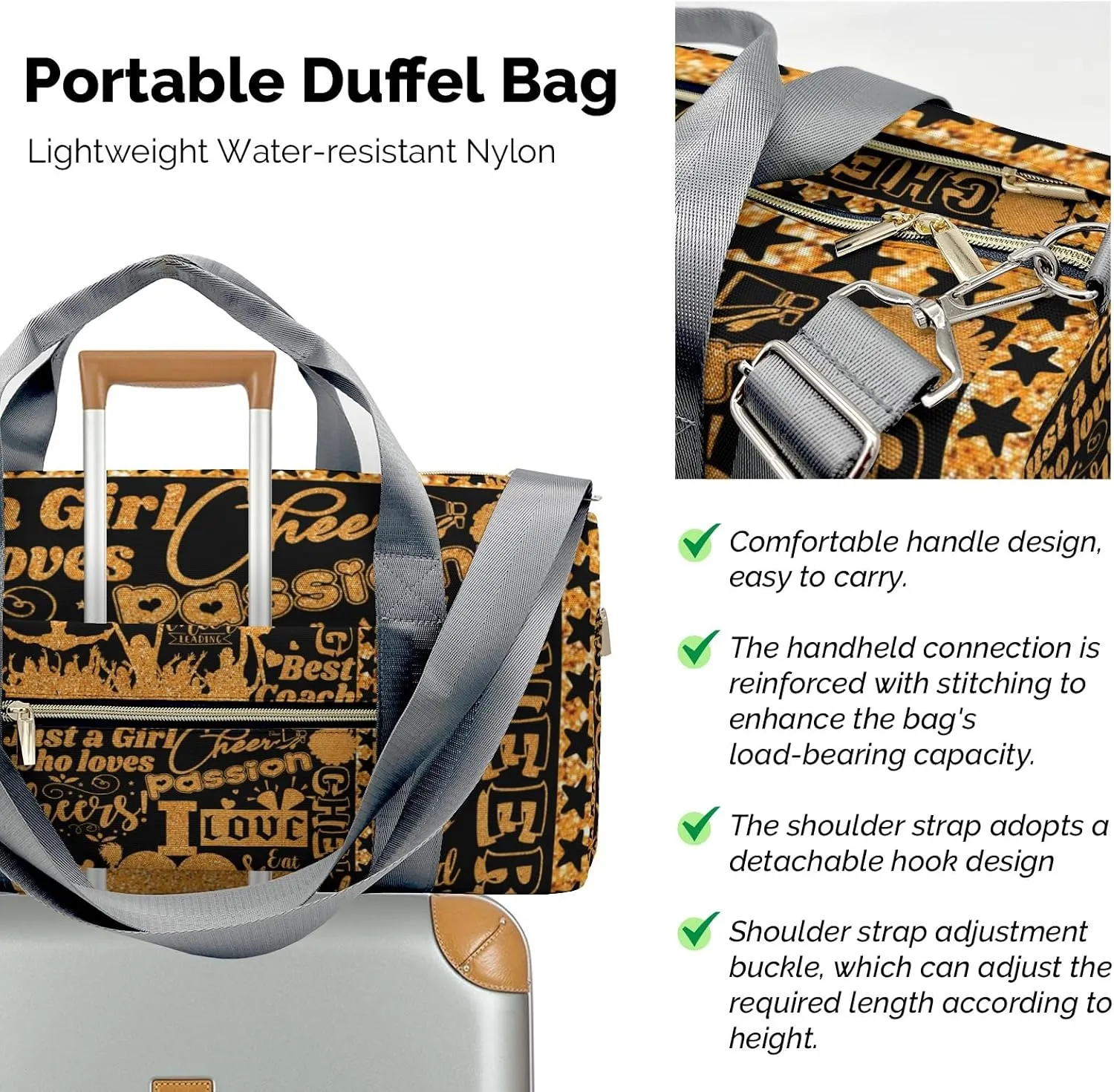 Cheerleading Cheerleader Glitter Print Waterproof Duffel Bag Gym Dance Sport Perform Training Travel Bag for Boys Girls Teens Women Men