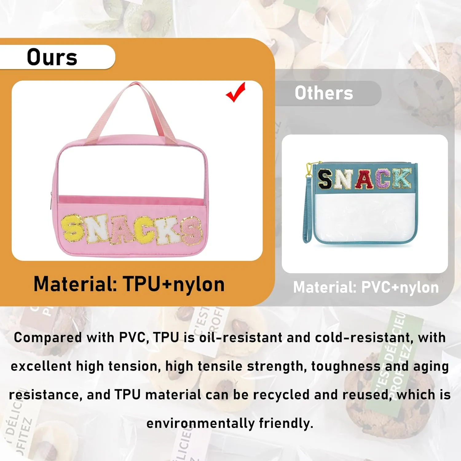 Chenille Letter Snacks Bag Zipper Pouch TPU&Nylon Clear Cosmetic Bag with Handle Toiletry Bags Travel Makeup Bag Multi-purpose Clear Pouches For Women (SNACKS, Pink)