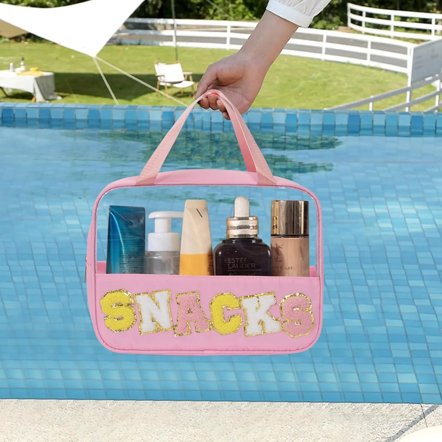 Chenille Letter Snacks Bag Zipper Pouch TPU&Nylon Clear Cosmetic Bag with Handle Toiletry Bags Travel Makeup Bag Multi-purpose Clear Pouches For Women (SNACKS, Pink)