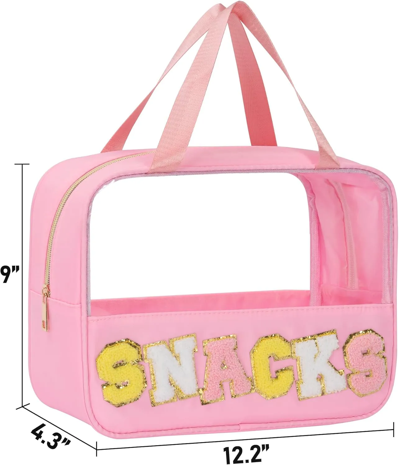 Chenille Letter Snacks Bag Zipper Pouch TPU&Nylon Clear Cosmetic Bag with Handle Toiletry Bags Travel Makeup Bag Multi-purpose Clear Pouches For Women (SNACKS, Pink)
