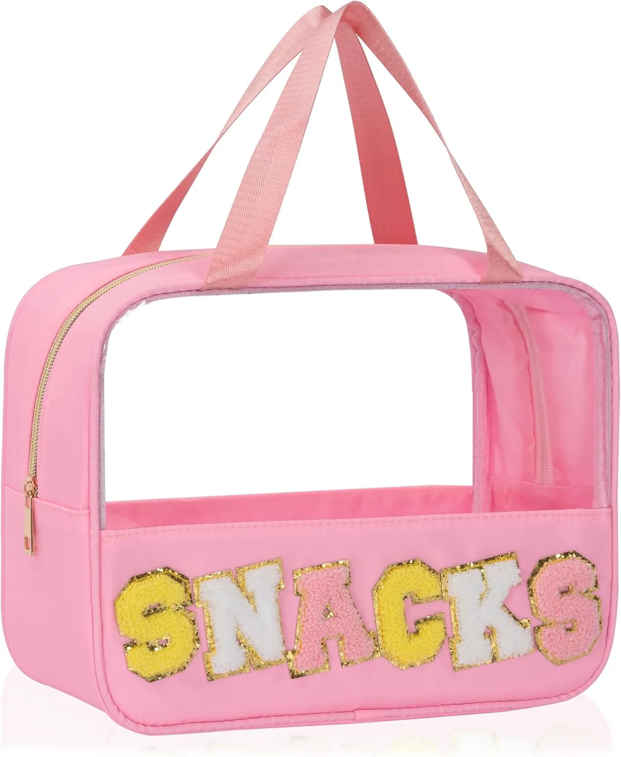 Chenille Letter Snacks Bag Zipper Pouch TPU&Nylon Clear Cosmetic Bag with Handle Toiletry Bags Travel Makeup Bag Multi-purpose Clear Pouches For Women (SNACKS, Pink)