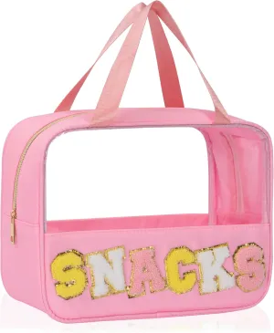 Chenille Letter Snacks Bag Zipper Pouch TPU&Nylon Clear Cosmetic Bag with Handle Toiletry Bags Travel Makeup Bag Multi-purpose Clear Pouches For Women (SNACKS, Pink)