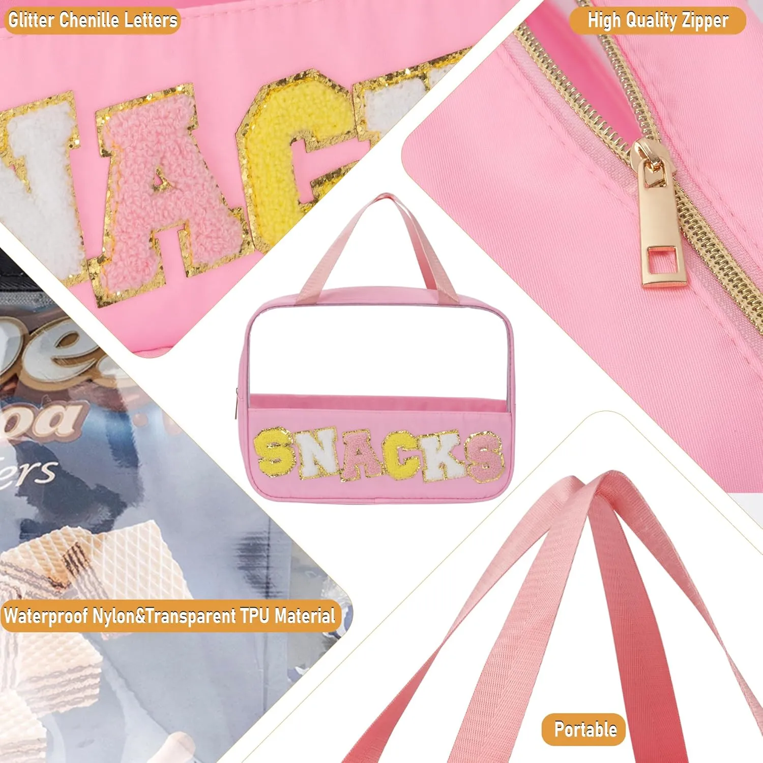 Chenille Letter Snacks Bag Zipper Pouch TPU&Nylon Clear Cosmetic Bag with Handle Toiletry Bags Travel Makeup Bag Multi-purpose Clear Pouches For Women (SNACKS, Pink)