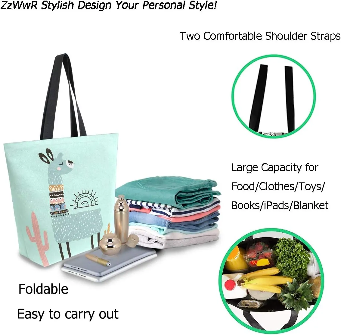 Chic Cute Fashion Style Pattern Extra Large Shoulder Tote Bag for Beach Travel Weekender Gym Grocery Shopping