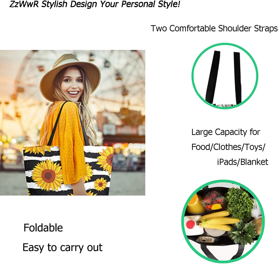 Chic Cute Fashion Style Pattern Extra Large Shoulder Tote Bag for Beach Travel Weekender Gym Grocery Shopping