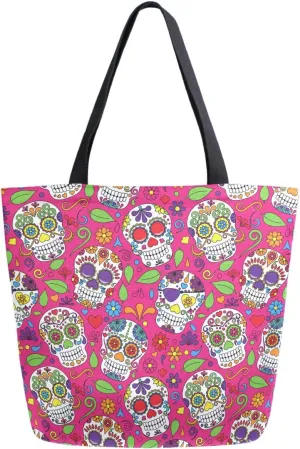 Chic Mexican Sugar Skull Floral Pattern Extra Large Canvas Beach Travel Reusable Grocery Shopping Tote Bag Portable Storage HandBag