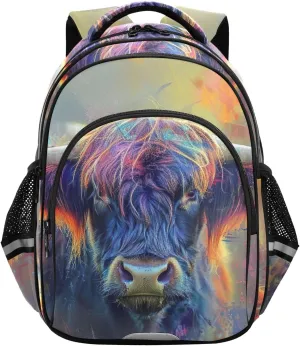 CHIFIGNO Abstract Highland Cow Backpack for School Travel Book Bag Girls Boys with Reflective Stripes Kids Hiking Backpack