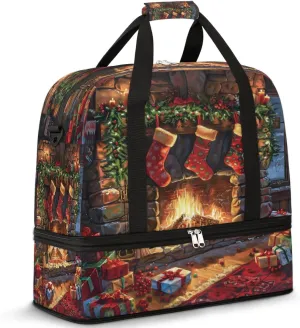 Christmas Gift Fireplace Travel Duffle Bags With Shoes Compartment for Women Men Weekender Overnight Bag Foldable Sports Tote Gym Carry On Luggage Handlebag for Travel Yoga Hospital Workout