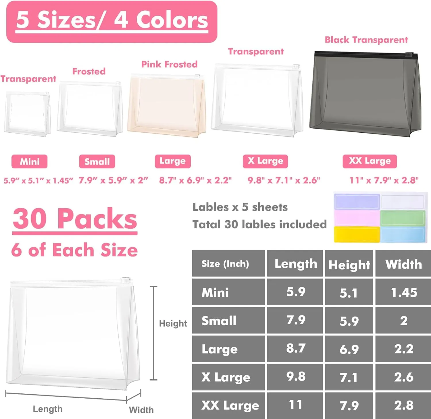 Circloophs 30 Pack Large Clear Makeup Bag Organizer Cosmetic Zipper Pouch Travel Pouches for Toiletries Transparent EVA Reusable Wash Bags Waterproof Plastic Clear Gift Bags Bulk, Mixed Sizes