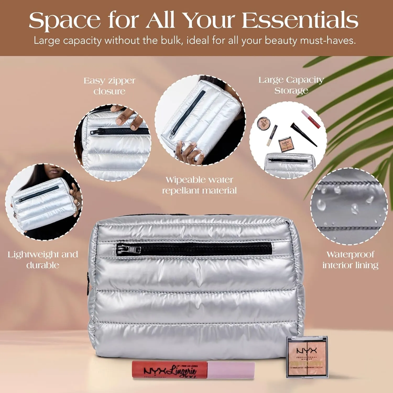 Citi Collective Premium Cosmetic Bag for Women| Makeup Travel Bag,Toiletry Bags for Women| Large Capacity Storage Waterproof Cosmetic Bag for Business, Vacation, or Weekend Traveling (Silver)