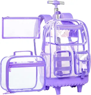 Clear Backpack Rolling Backpack for Girls Women, Heavy Duty PVC Transparent Bookbag, See Through Wheeled Backpacks Set for Teens Elementary Travel - Purple