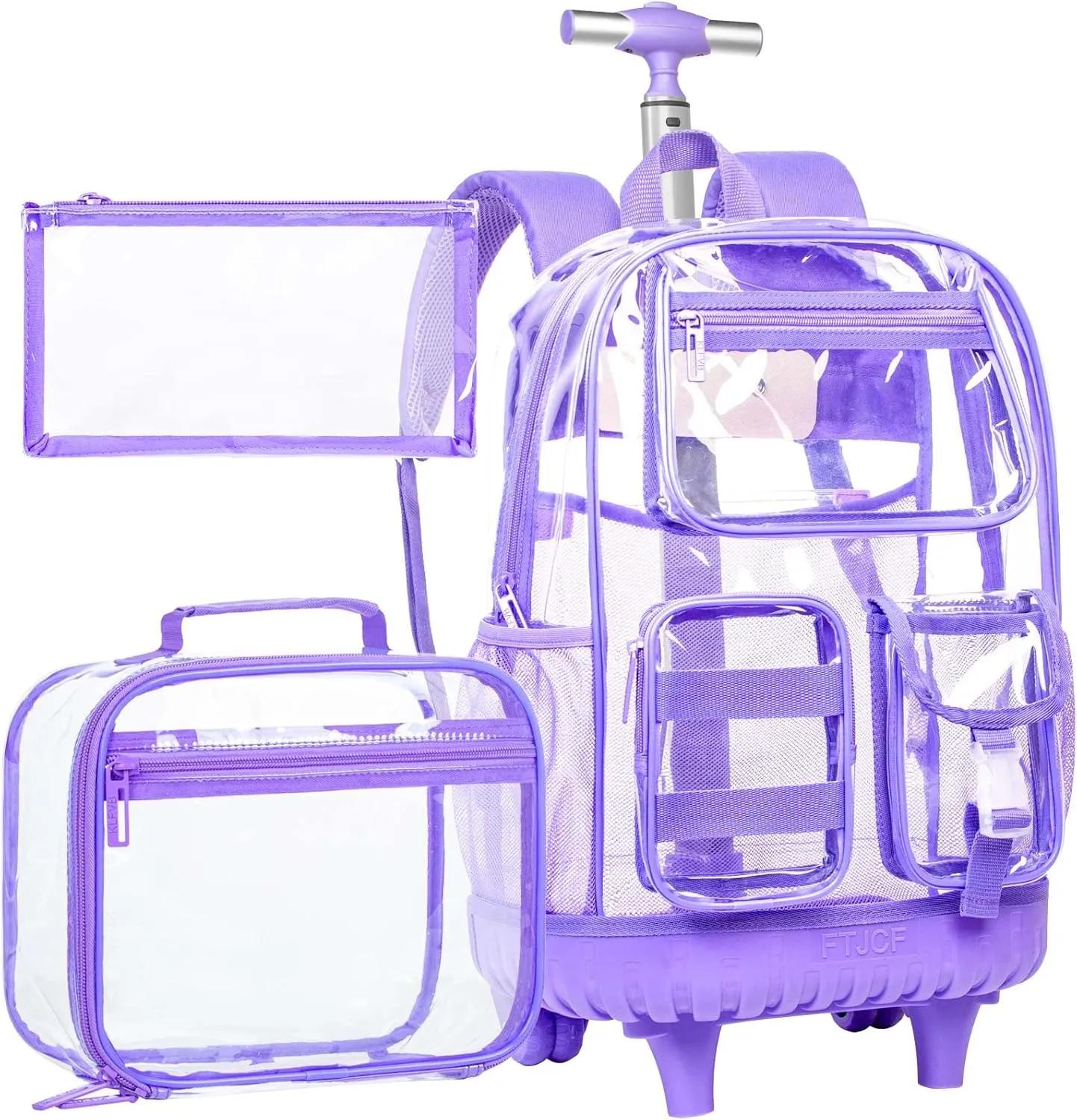 Clear Backpack Rolling Backpack for Girls Women, Heavy Duty PVC Transparent Bookbag, See Through Wheeled Backpacks Set for Teens Elementary Travel - Purple