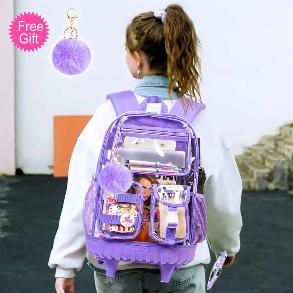 Clear Backpack Rolling Backpack for Girls Women, Heavy Duty PVC Transparent Bookbag, See Through Wheeled Backpacks Set for Teens Elementary Travel - Purple