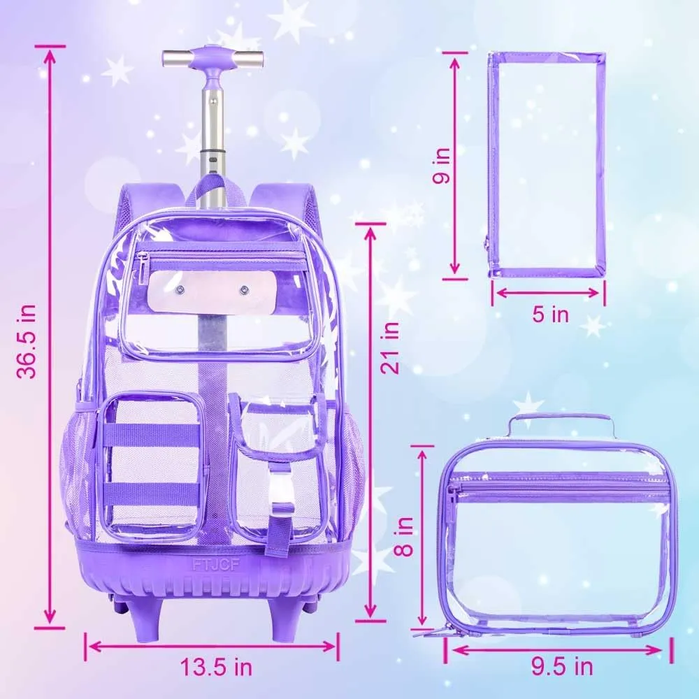 Clear Backpack Rolling Backpack for Girls Women, Heavy Duty PVC Transparent Bookbag, See Through Wheeled Backpacks Set for Teens Elementary Travel - Purple
