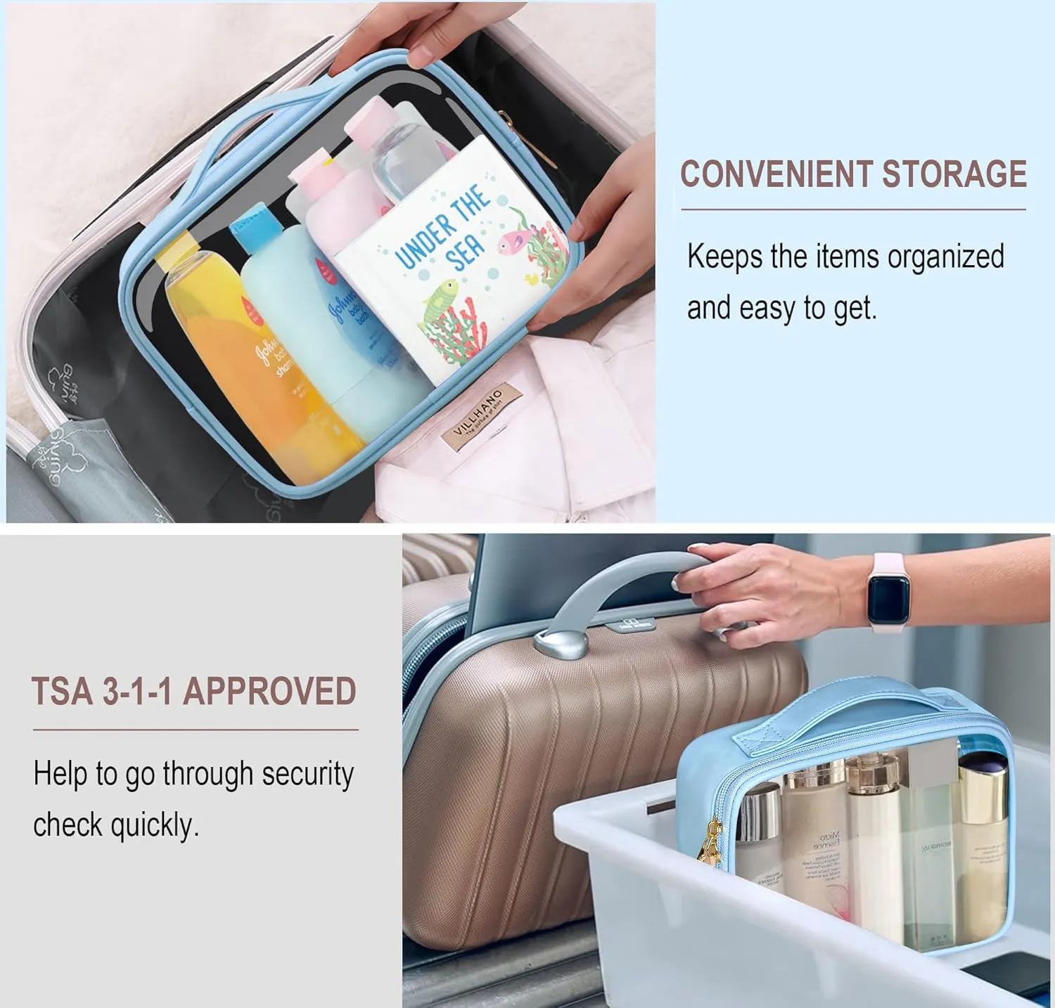 Clear Cosmetic Bags 3pack Makeup Toiletry Bag with Handle Travel Essentials for Men and Woemn(Blue White Pink)