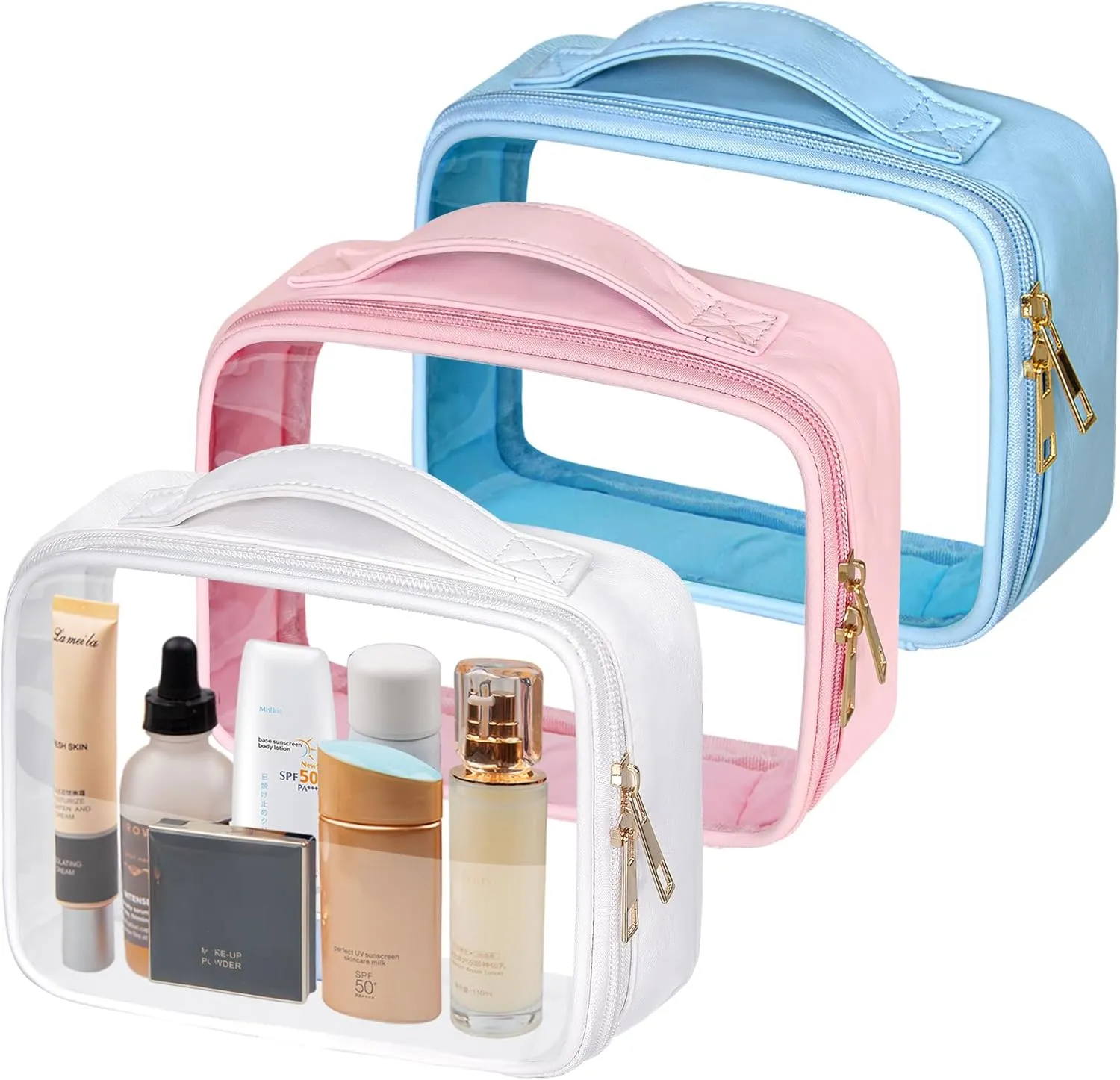 Clear Cosmetic Bags 3pack Makeup Toiletry Bag with Handle Travel Essentials for Men and Woemn(Blue White Pink)