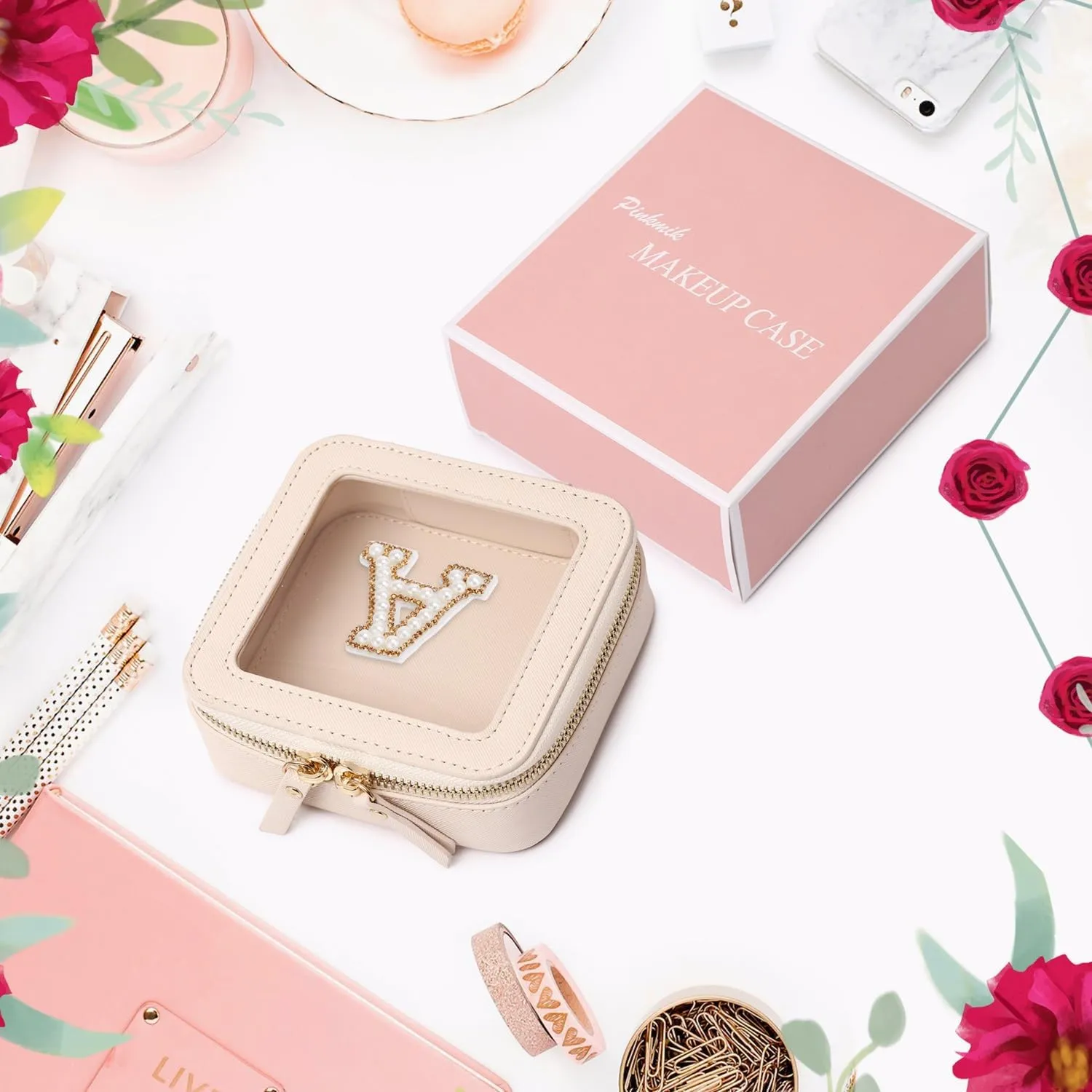 Clear Mini Makeup Bag Personalized Initial Cosmetic Bag Small Makeup Case & Toiletry Bag Birthday Gift for Women (Q, Mini)