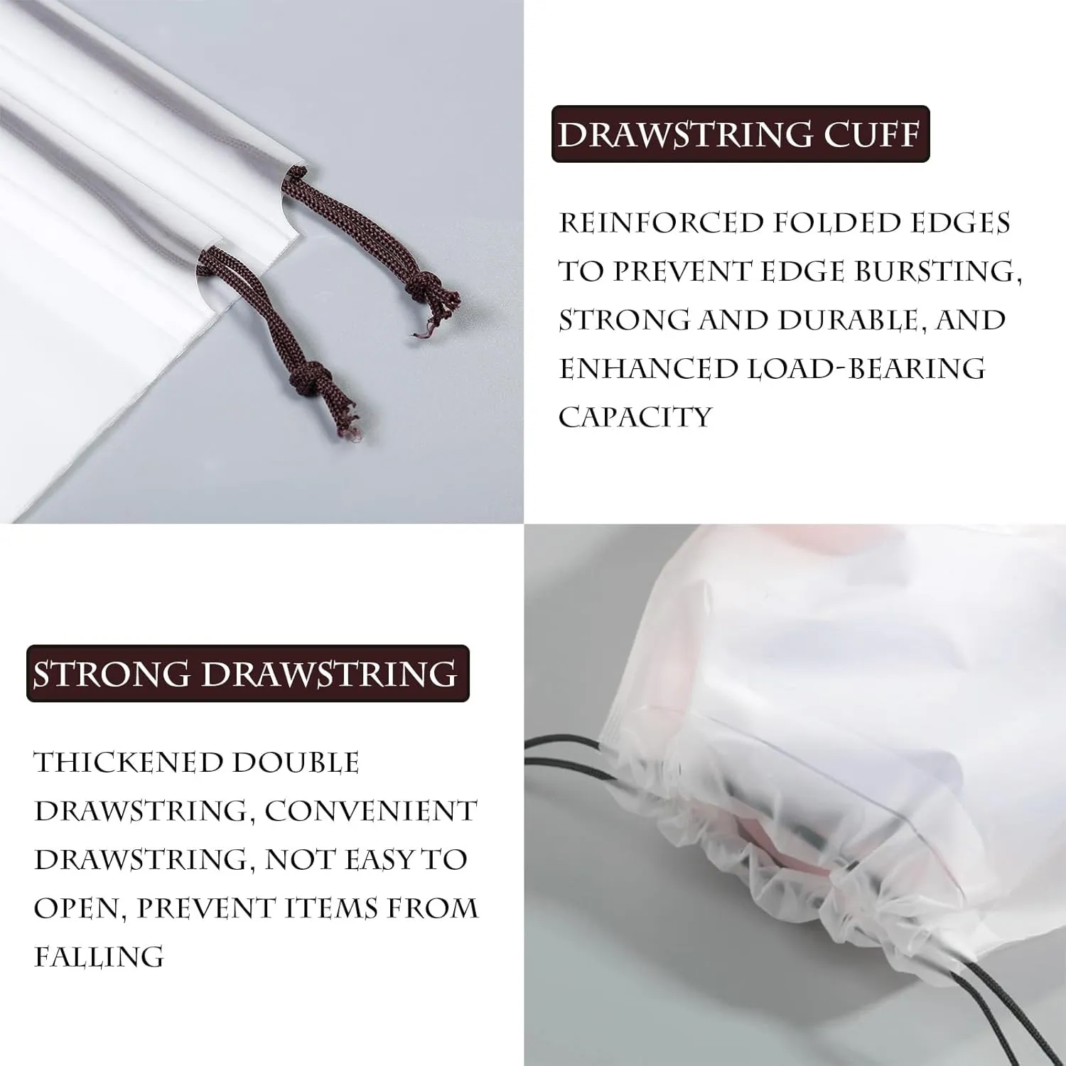 Clear PEVA Drawstring Bags - 4"x12" / 10x30cm (25 Pcs) - White Nylon Rope Waterproof Pouches for Travel & Storage