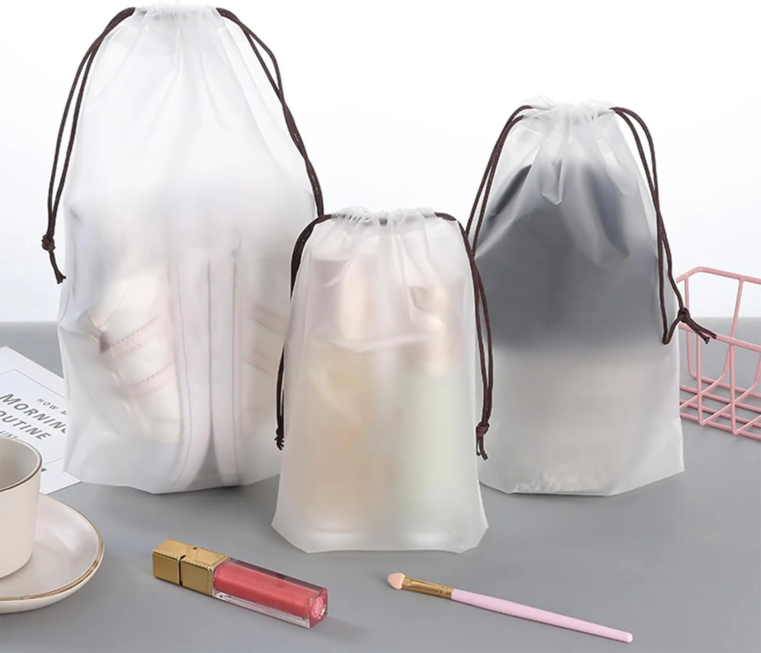 Clear PEVA Drawstring Bags - 4"x12" / 10x30cm (25 Pcs) - White Nylon Rope Waterproof Pouches for Travel & Storage