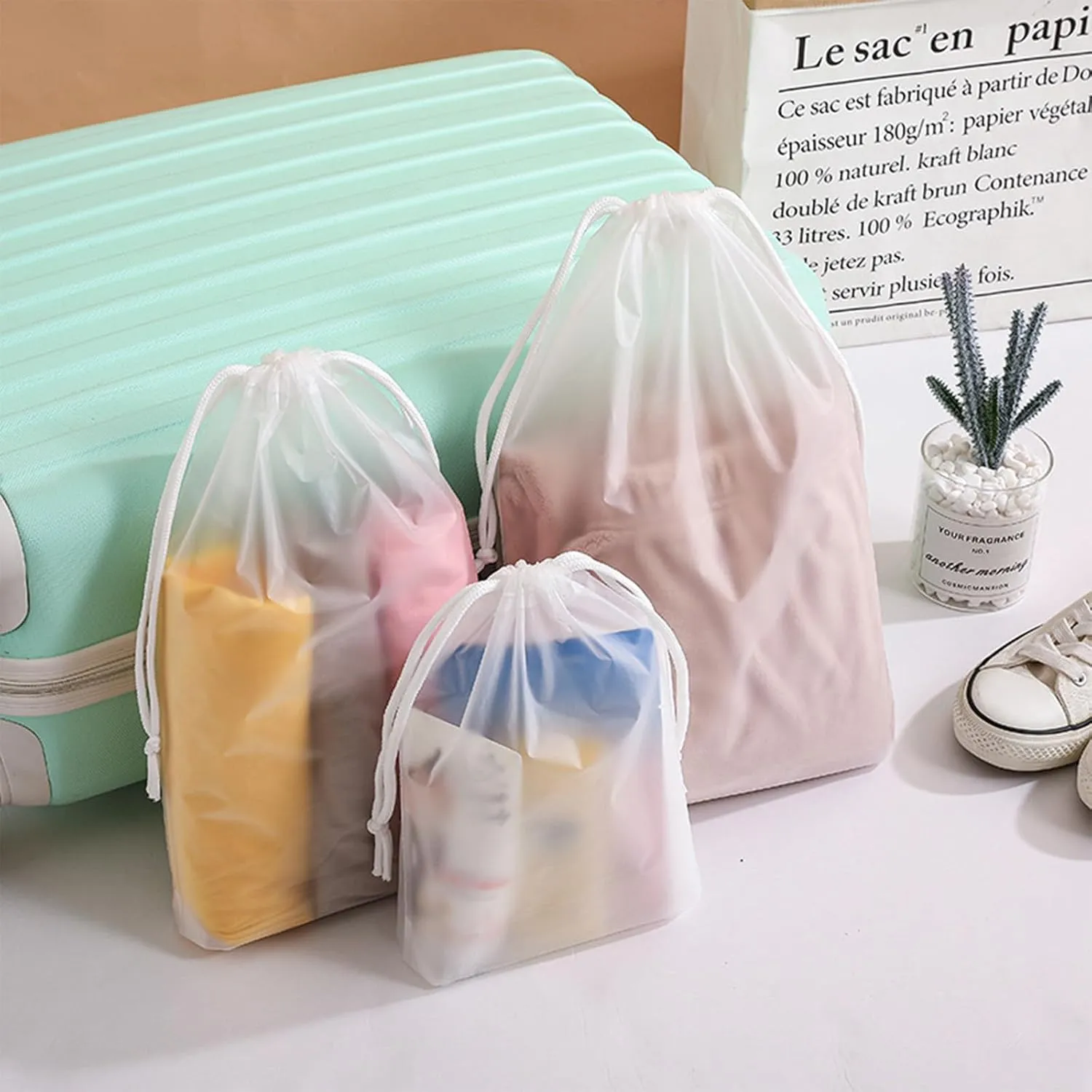 Clear PEVA Drawstring Bags - 4"x12" / 10x30cm (25 Pcs) - White Nylon Rope Waterproof Pouches for Travel & Storage