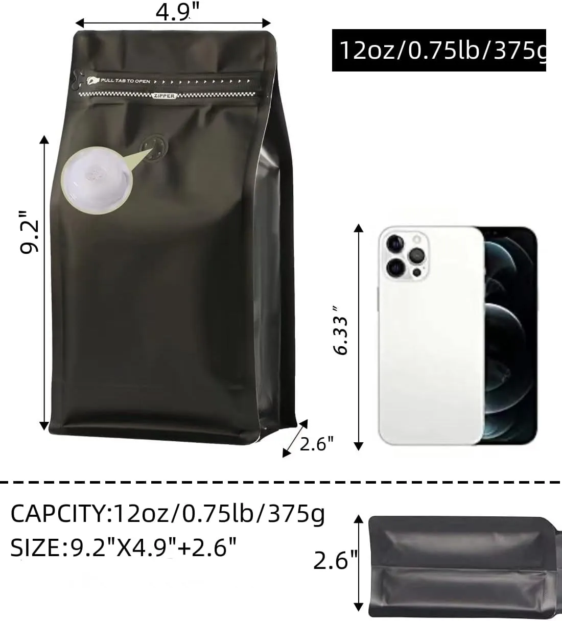 Coffee Bags with Valve(12 oz,3/4 lb,50pcs) Black High Barrier Aluminumed Foil Flat Bottom Heat Sealed Coffee Beans Packaging Bags Side Zipper Resealable Bags for Home or Business
