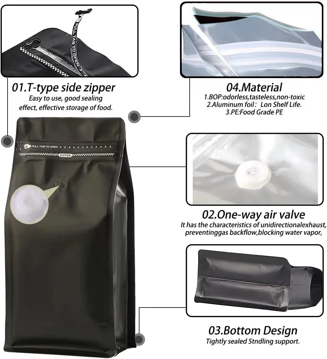 Coffee Bags with Valve(12 oz,3/4 lb,50pcs) Black High Barrier Aluminumed Foil Flat Bottom Heat Sealed Coffee Beans Packaging Bags Side Zipper Resealable Bags for Home or Business