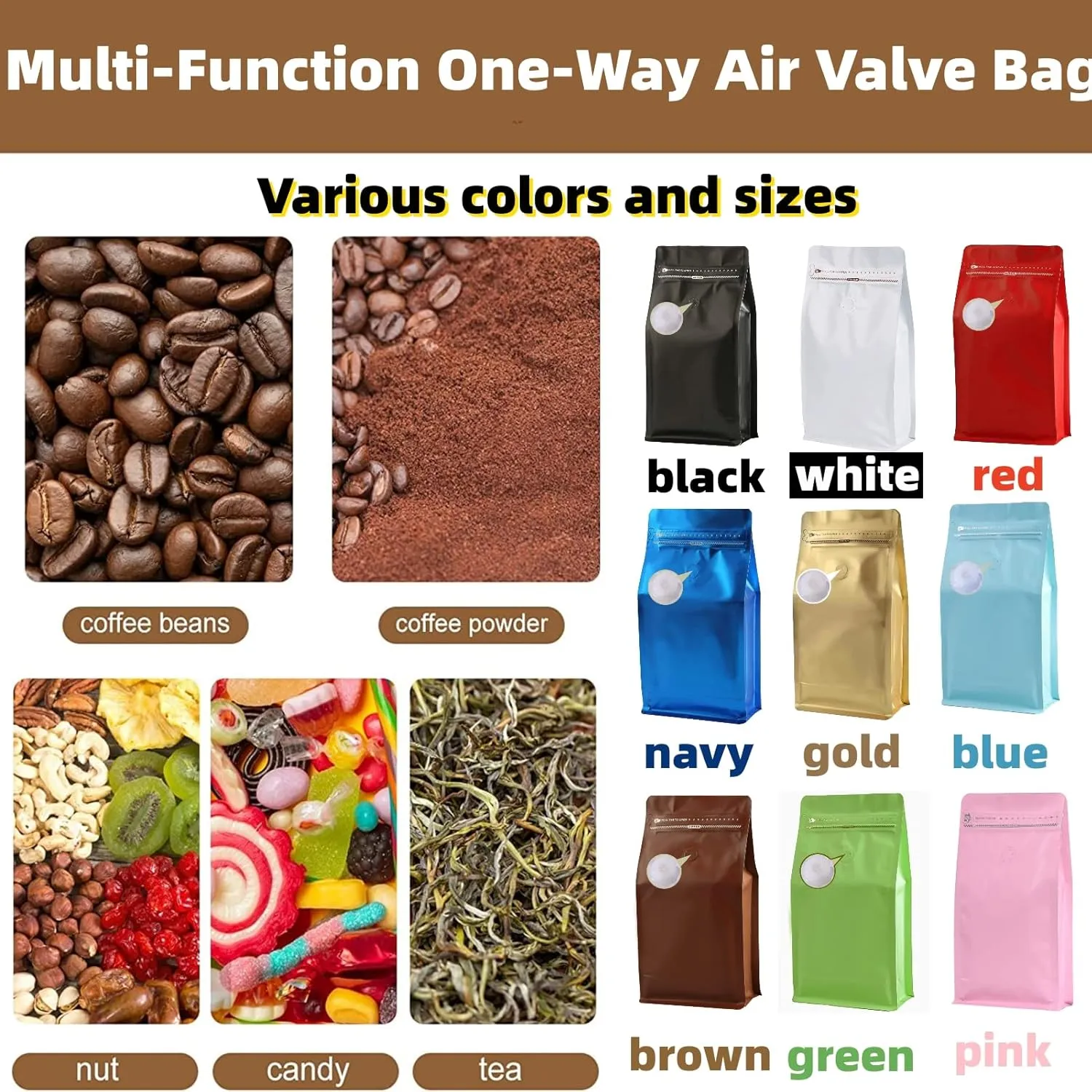 Coffee Bags with Valve(12 oz,3/4 lb,50pcs) Black High Barrier Aluminumed Foil Flat Bottom Heat Sealed Coffee Beans Packaging Bags Side Zipper Resealable Bags for Home or Business