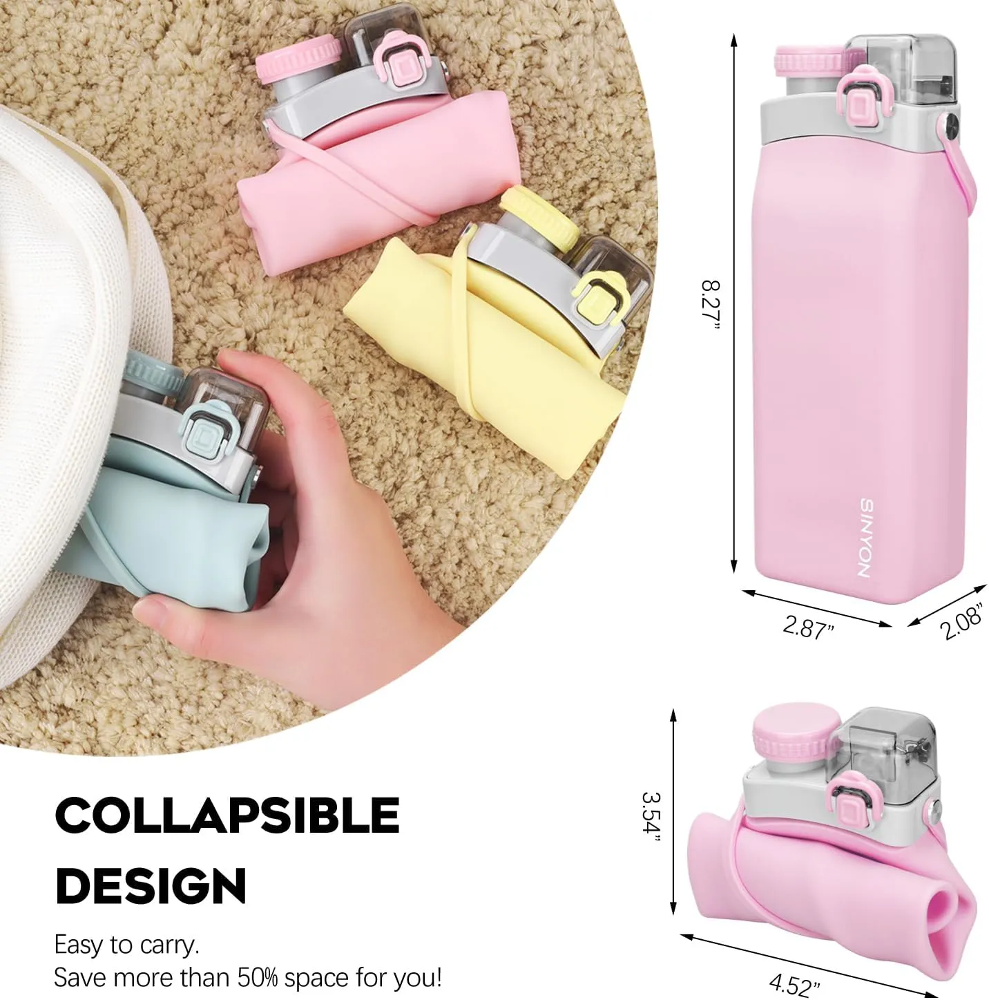 Collapsible Water Bottles, 20oz Silicone Reusable Water Bottle with Straw and Strap, Leakproof Foldable Sports Water Bottle for Travel Camping Running Hiking Gym, BPA Free