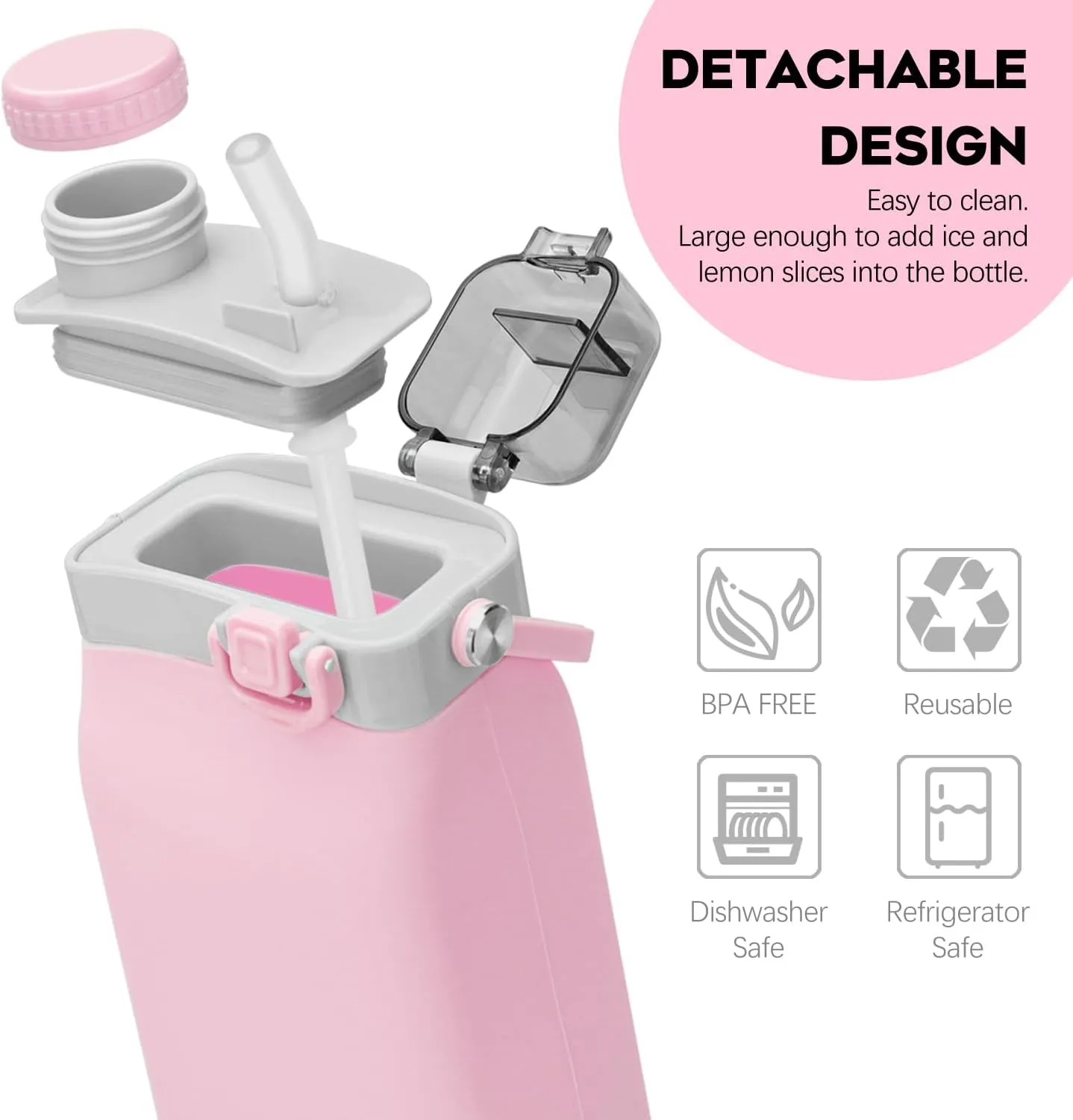 Collapsible Water Bottles, 20oz Silicone Reusable Water Bottle with Straw and Strap, Leakproof Foldable Sports Water Bottle for Travel Camping Running Hiking Gym, BPA Free