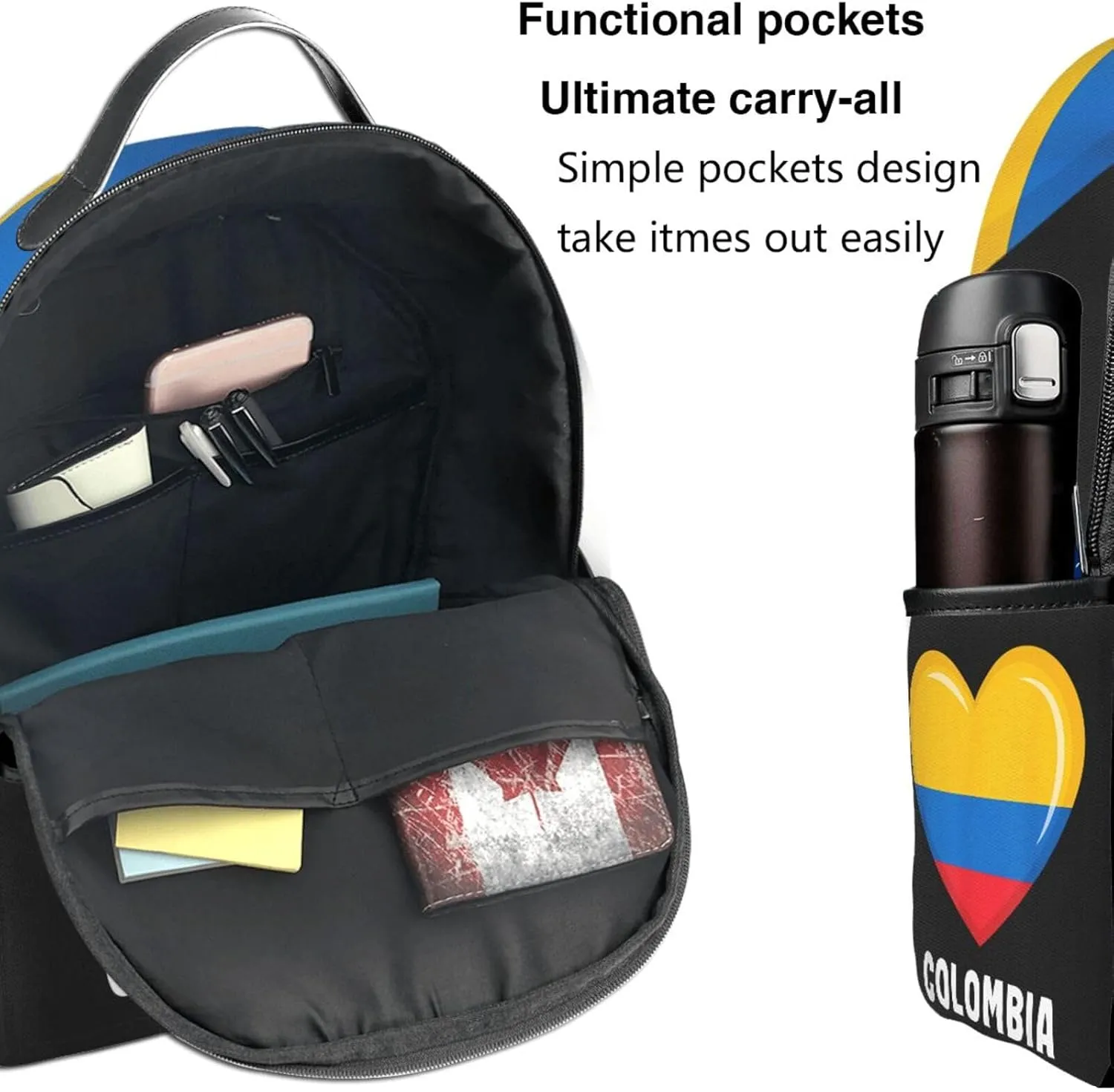 Colombia Flag Heart Colombian Love Casual Backpacks Laptop Backpack Carry-on Daypack Sports Travel Rucksack Lightweight Working Bag for Outdoor Hiking Cycling Walking