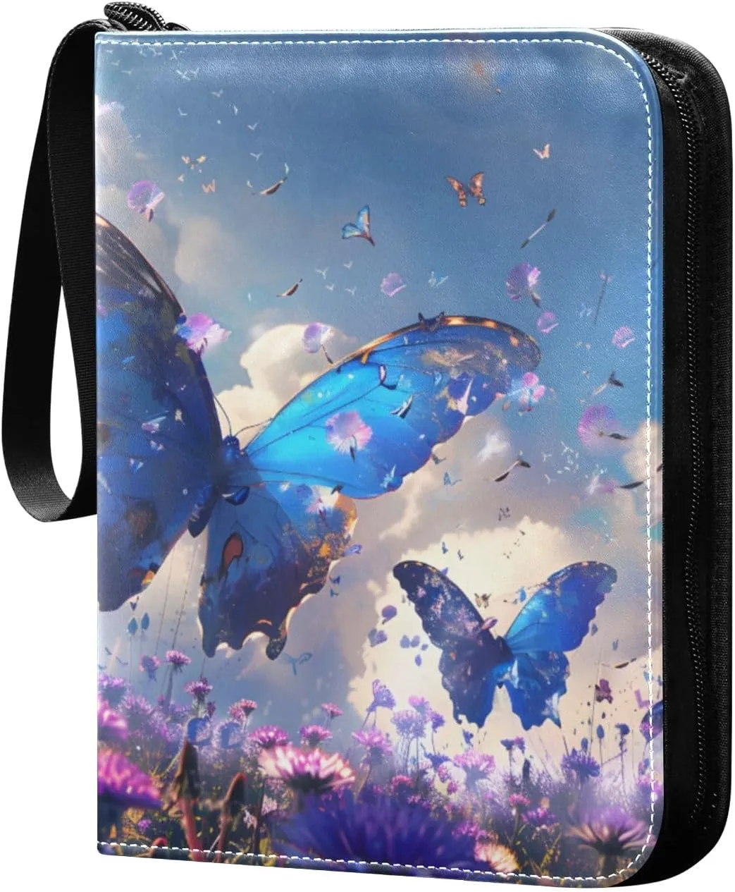 Colorful Blue and Purple Butterflies Flying in A Dande Card Binder 4 Pocket Trading Card Binder Portable Cards Collection Book with Zipper