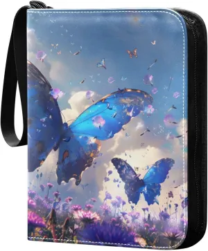 Colorful Blue and Purple Butterflies Flying in A Dande Card Binder 4 Pocket Trading Card Binder Portable Cards Collection Book with Zipper