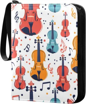 Colorful Seamless Violins and Notes Card Binder 4 Pocket Trading Card Binder Portable Cards Collection Book with Zipper