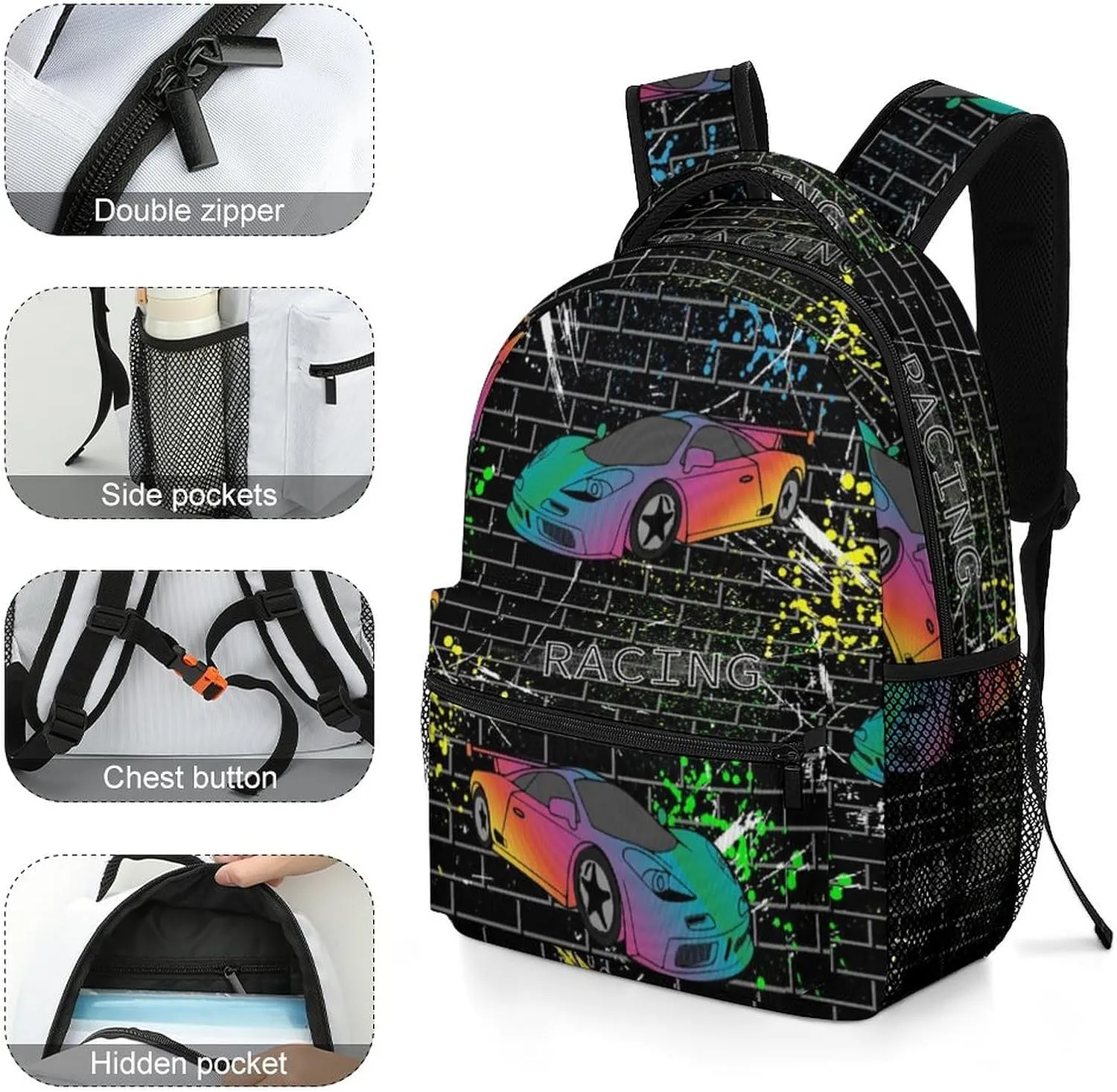 Colorful Sports Cars Backpack Funny Racecar Computer Bags with Chest Strap,Lightweight Casual Daypack for Women Men Hiking Travel Work and Business 16 Inch