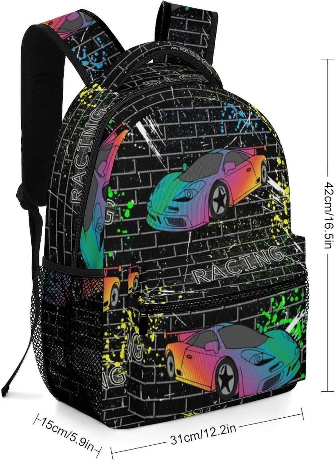 Colorful Sports Cars Backpack Funny Racecar Computer Bags with Chest Strap,Lightweight Casual Daypack for Women Men Hiking Travel Work and Business 16 Inch
