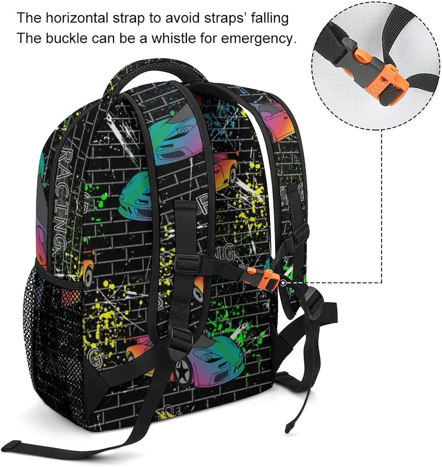 Colorful Sports Cars Backpack Funny Racecar Computer Bags with Chest Strap,Lightweight Casual Daypack for Women Men Hiking Travel Work and Business 16 Inch