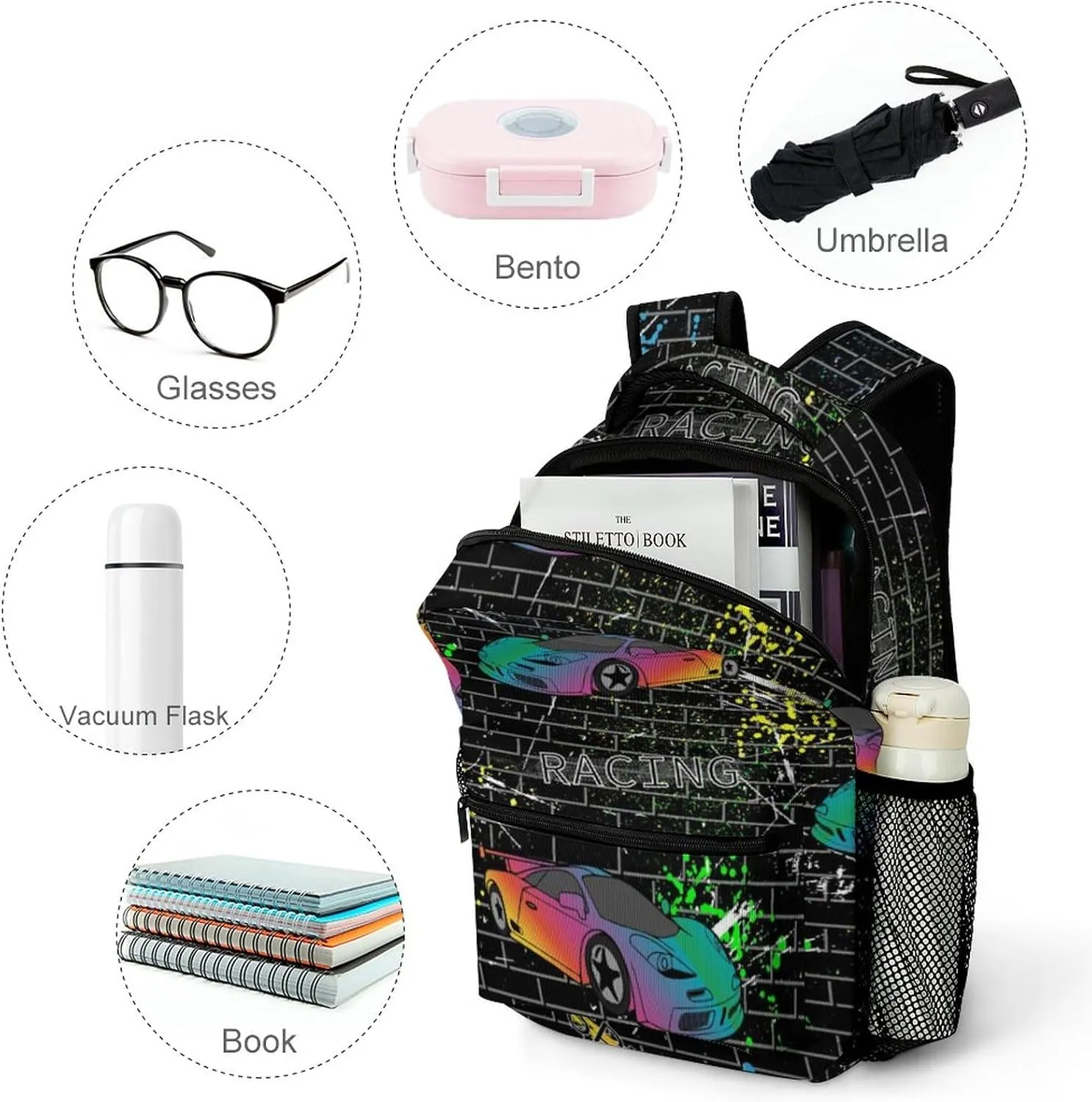Colorful Sports Cars Backpack Funny Racecar Computer Bags with Chest Strap,Lightweight Casual Daypack for Women Men Hiking Travel Work and Business 16 Inch
