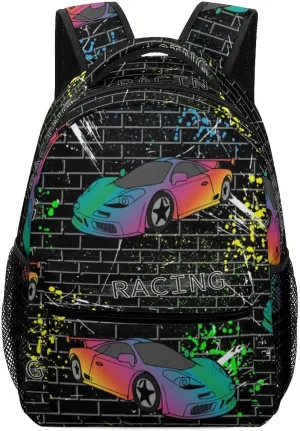 Colorful Sports Cars Backpack Funny Racecar Computer Bags with Chest Strap,Lightweight Casual Daypack for Women Men Hiking Travel Work and Business 16 Inch