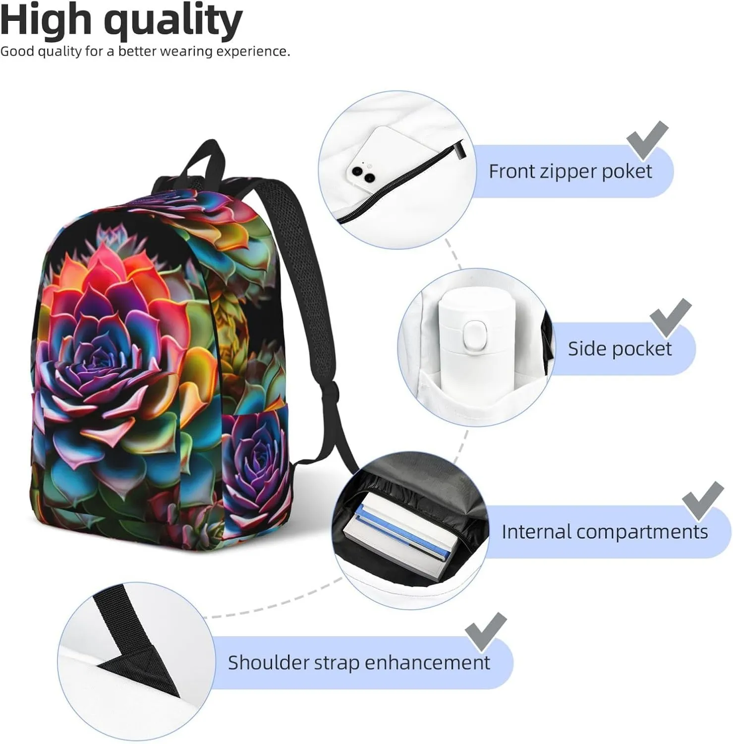 Colorful Succulent Classic Style Backpacks Travel Bag For Men Women Lightweight Back Pack With Laptop Compartmen