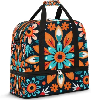 Colorful Symmetrical Art Travel Duffle Bags With Shoes Compartment for Women Men Weekender Overnight Bag Foldable Sports Tote Gym Carry On Luggage Handlebag for Travel Yoga Hospital Workout