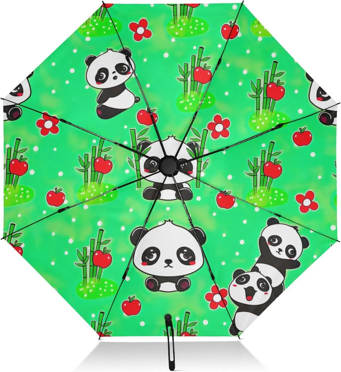 Compact Umbrella, Umbrella for Rain and Wind, Automatic Open/close, Compact Size for Women Backpacks/Handbags, Cute Cartoon Pandas Green