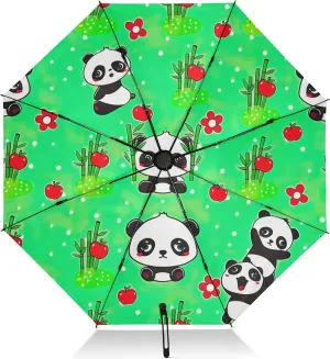 Compact Umbrella, Umbrella for Rain and Wind, Automatic Open/close, Compact Size for Women Backpacks/Handbags, Cute Cartoon Pandas Green