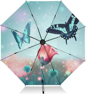 Compact Umbrella, Umbrellas for Rain Windproof, Automatic Open/close, Compact Size for Women Backpacks/Handbags, Butterflies Flowers Field Teal