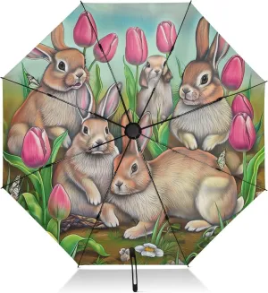 Compact Umbrella, Umbrellas for Rain Windproof, Automatic Open/close, Compact Size for Women Backpacks/Handbags, Vintage Bunnies Tulips