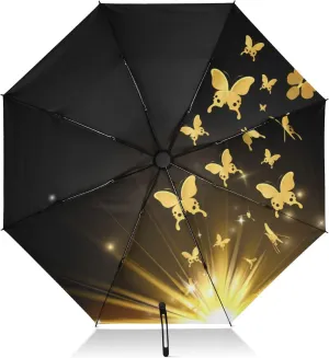 Compact Umbrella, Wind Proof Umbrella, Automatic Open/close, Compact Size for Women Backpacks/Handbags, Gold Butterflies Black