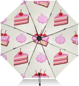 Compact Umbrella, Windproof Travel Umbrella, Automatic Open/close, Compact Size for Women Backpacks/Handbags, Cute Pink Cake Beige