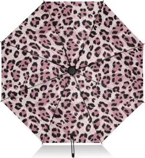 Compact Umbrella, Windproof Travel Umbrella, Automatic Open/close, Compact Size for Women Backpacks/Handbags, Leopard Print Soft Rose